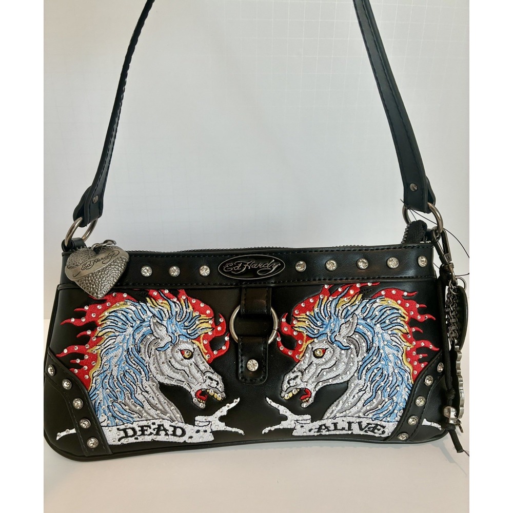 Ed Hardy~ Black Faux Leather Rhinestone~ Dead Or Alive~ Horse Shoulder Bag ~NWT